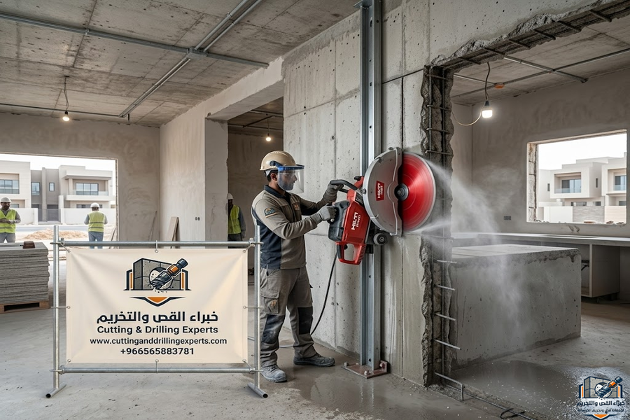 تنفيذ فتحات المطابخ الأمريكية في حي النرجس بالرياض لربط المطبخ بالصالة بأسلوب عصري باستخدام تقنيات قص الخرسانة الحديثة